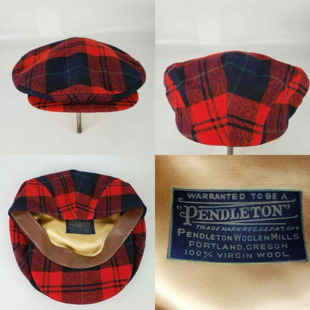Vintage Flat Cap Pendleton Wool Red Navy Blue Tartan Plaid Men's Size 7
